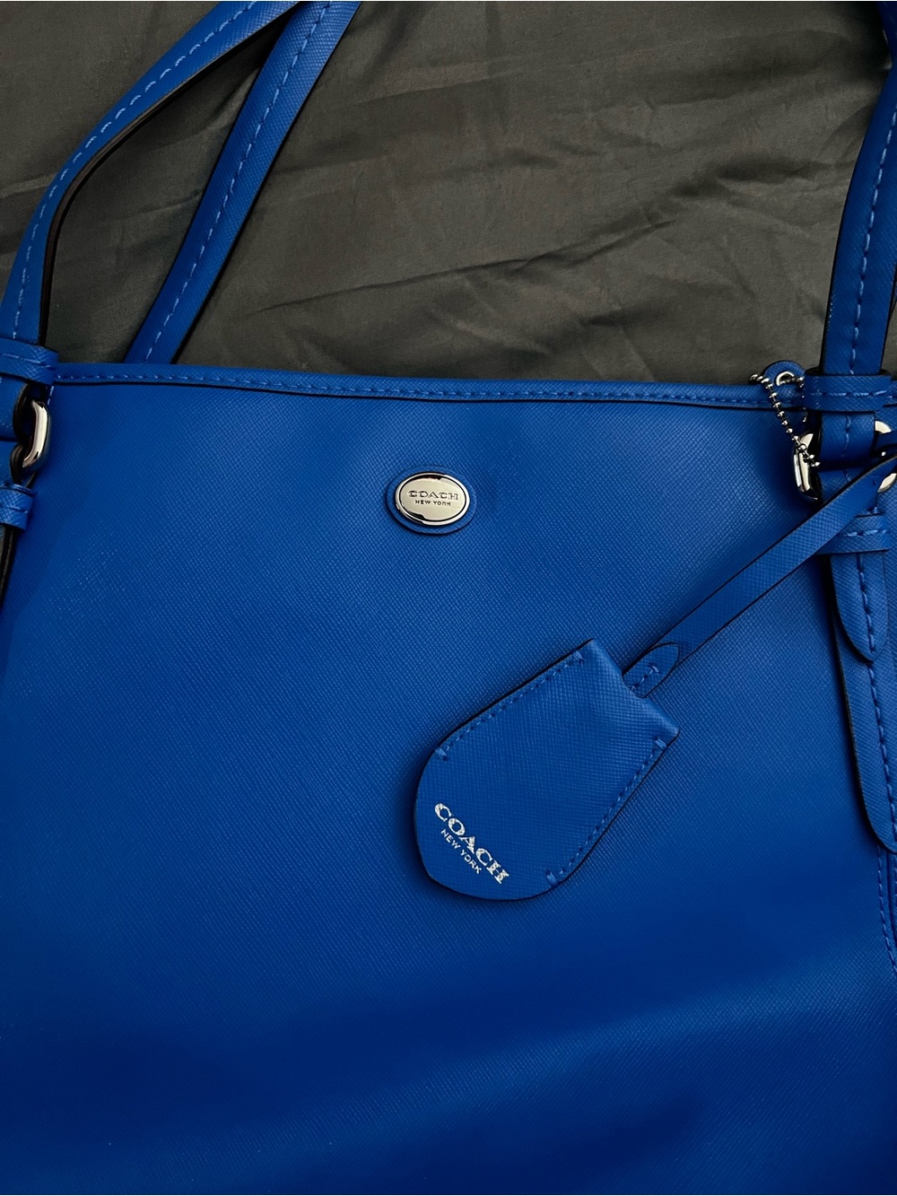 Coach Royal Blue Leather Shoulder Tote with Signature Tag